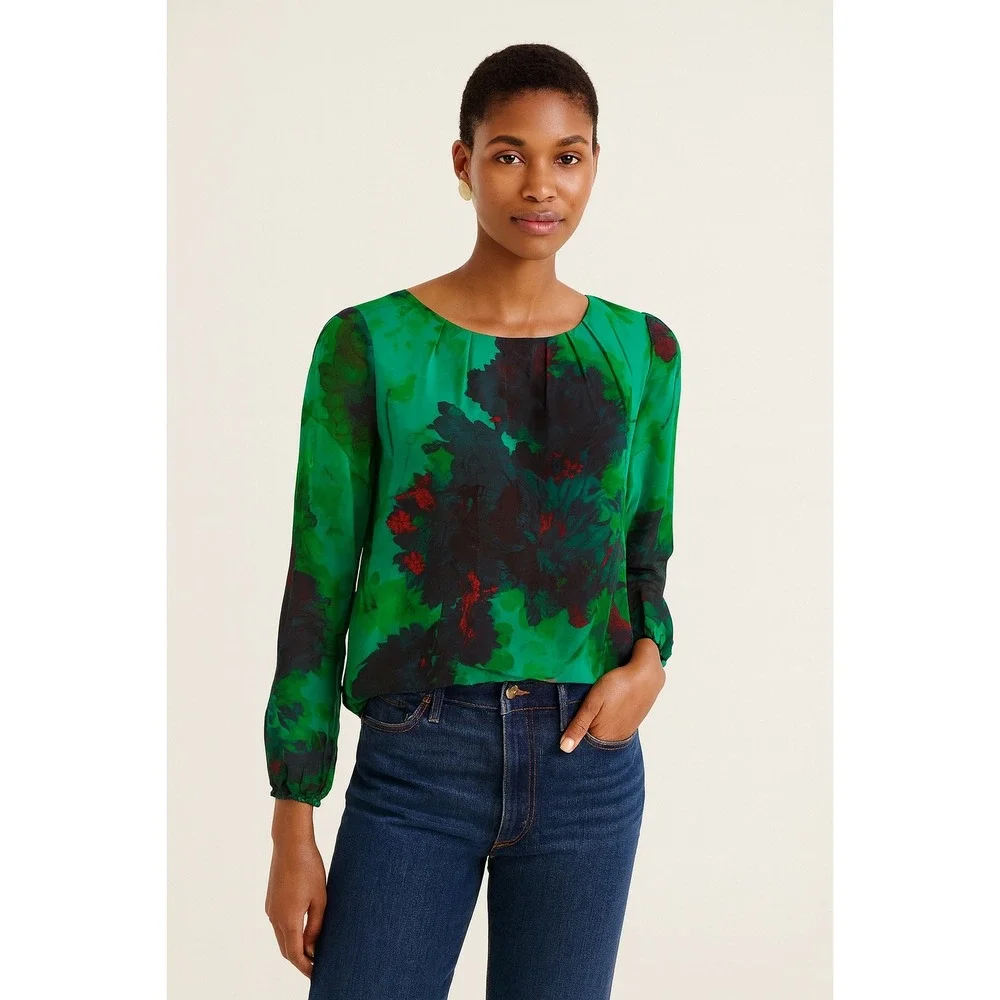 J. Crew Women's 100% Silk Watercolor Long Sleeve Multicolor Blouse- Size 0‎